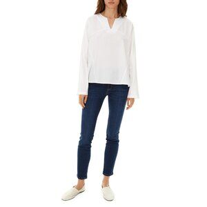 Harshman Islani White Cotton Twill Blouse V-Neck Relaxed Long Sleeve Women Large